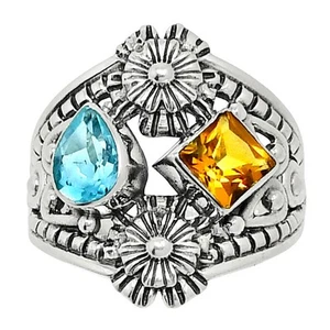 Natural Sky Blue Topaz & Citrine 925 Sterling Silver Ring s.8.5 Jewelry R-1740 - Picture 1 of 5