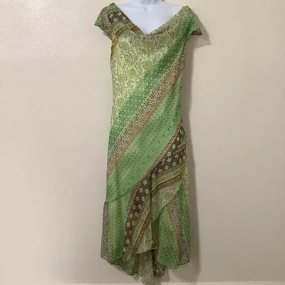 Vintage Y2K Green Romantic Fairycore Patchwork Draped Fairy Midi Dress Sz 10 - Image 1 of 4