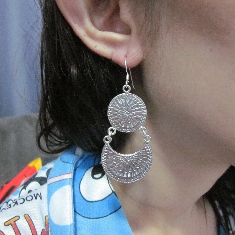 FINE SILVER EARRINGS 925 STERLING LONG TWIN LAYERS CRAFT TRIBAL TRADITIONAL - Image 1 of 4