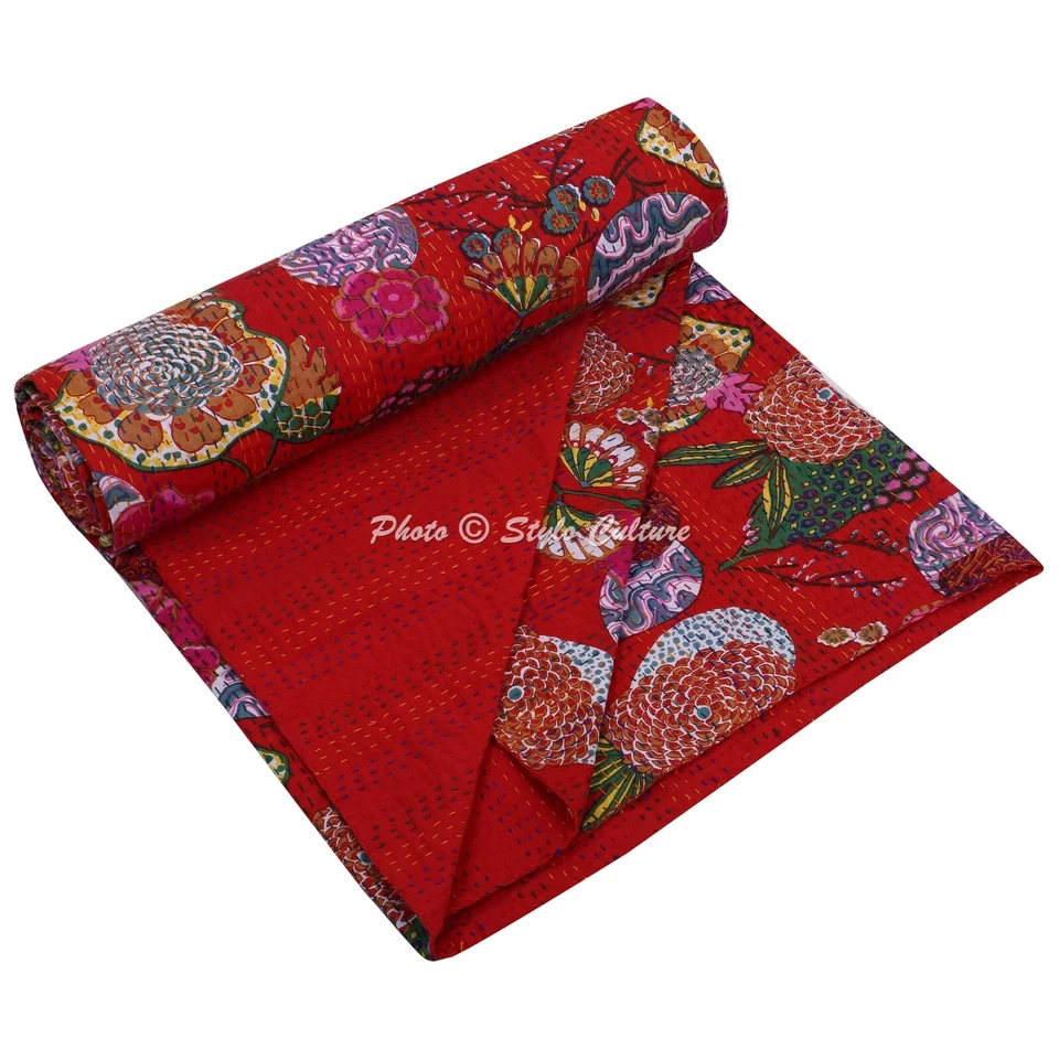 Colcha Queen Kantha MultiFloral Manta India Reversible Ropa de Cama Tiro Foto 1 de 1