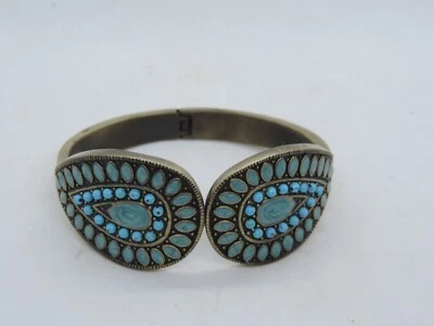 Brazalete Brazalete Boho Latón Tono Azul Imitación Turquesa Esmalte Bisagra Trasera Foto 1 de 4