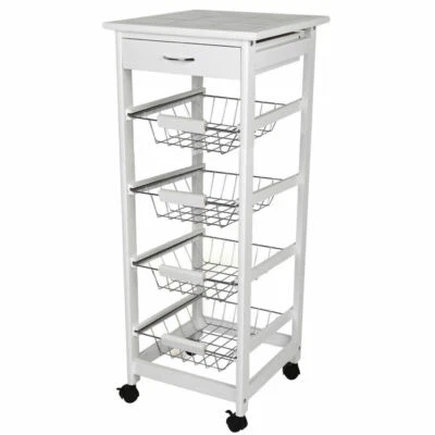 BAKAJI Carrello Cucina legno con Cassetto 4 Cestelli e Ripiano 9 Mattonelle in Ceramica