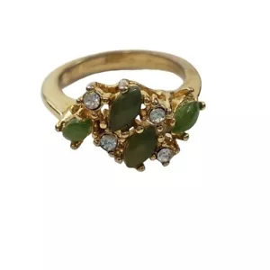 10K Ring Nephrit Jade Größe 5 grüner Stein Glas Träne Gold klar Cluster - Bild 1 von 5