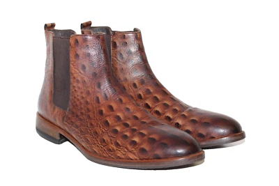 Botas Chelsea de cuero Vinci para hombre talla 11/44 estampado de avestruz marrón negro Foto 1 de 4