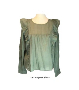 LOFT Damen grün Langarm Rüschen Cropped Bluse Top L Neu mit Etikett - Bild 1 von 10