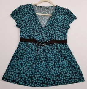 Apt. 9 Top Women's PM Petite Medium Blue Brown Geometric Circles Short Sleeves  - Picture 1 of 10
