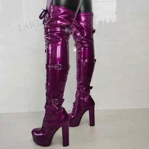 Women Over Knee High Boots Platform Thick High Heels Boots Buckle Straps Shoes - Picture 1 of 13