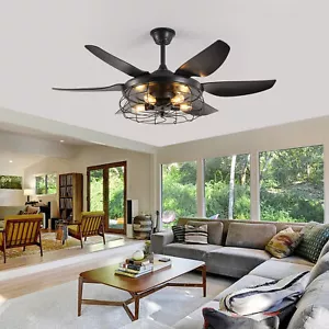 52" Black Modern Ceiling Fan Light Kit Farmhouse Caged Fixture w Remote Control - Picture 1 of 11