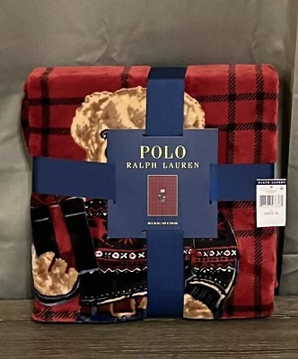 Polo Ralph Lauren Red Plaid HOLIDAY PRESENT BEAR Fleece Throw Blanket 50 X 70 - Image 1 of 4