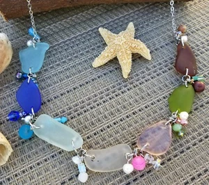 Sea Glass Ocean Beach Necklace Multi Colored  Tarnish Free Stainless Steel - Picture 1 of 9