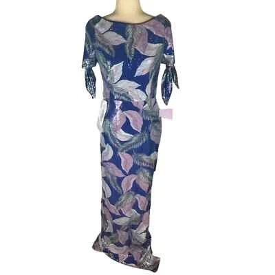 J S COLLECTIONS CARMEN SEQUIN COLUMN GOWN IN NAVY MULTI NWT WOMEN'S SIZE 6 - Image 1 of 4