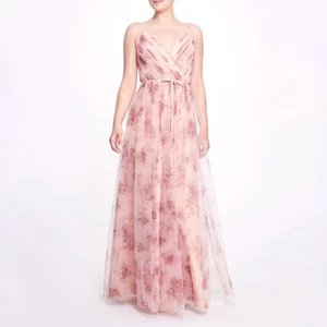 Marchesa Bridesmaid Gown Pink Floral Dress Pleated Tulle Sleeveless V-Neck Sz 6 - Picture 1 of 10