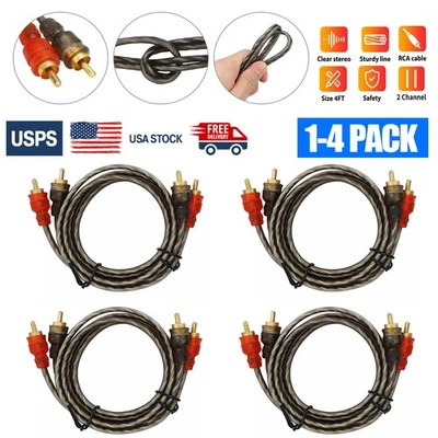 1/4pcs RCA Cables 2 Channel Twisted 4Ft Car Audio Shielded Interconnect Amp Wire - Image 1 of 4