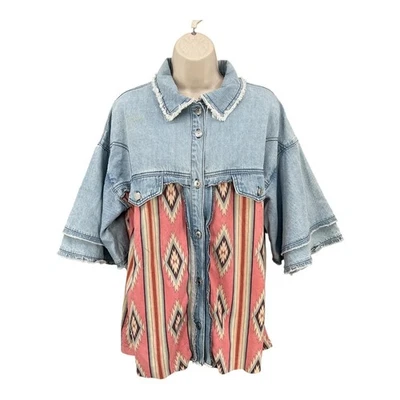 Moda Express Western Top Mujer Denim Azteca Boho Rodeo Vaquera Botón Talla M Foto 1 de 4