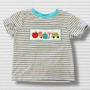 Back To School Embroidered Tee Gray Strips Scissors Pencil Apple Bus Glue 4t - Picture 1 of 5