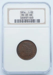 1834 Classic Head 1/2 Half Cent NGC MS 65 BN  - T011 - Picture 1 of 4