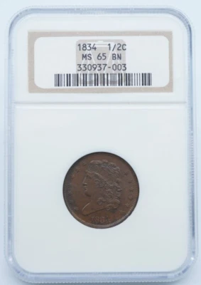 1834 Classic Head 1/2 Half Cent NGC MS 65 BN  - T011 - Image 1 of 4