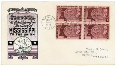 1948 - #955 - Mississippi Territory First Day Cover FDC Block of 4 - Ioor Cachet - Image 1 of 2