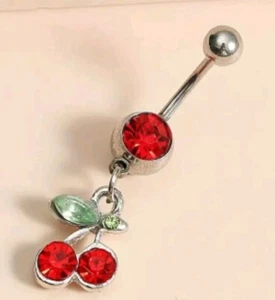 Stainless Steel Rhinestone Cherry Belly Ring - Picture 1 of 4