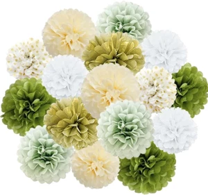 16 Stück Pompons Deko Salbeigrün Beige Olivgrün Seidenpapier Pompoms Grün Gold W - Bild 1 von 12