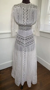 antico abito da tè edoardiano 1900 1910 bianco cotone pizzo ricamo floreale - Foto 1 di 23