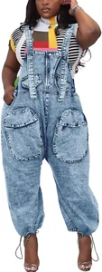 Women'S Bib Denim Overalls Loose Wide Leg Jean Jumpsuit with Cargo Pockets - Picture 1 of 5