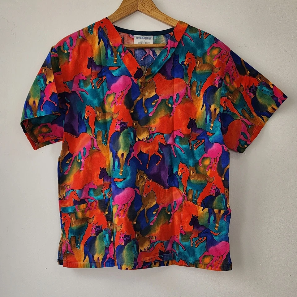 VTG Unisex Scrub Top Colorful Wild Horses Print Size S Cotton Vibrant Medical - Image 1 of 4