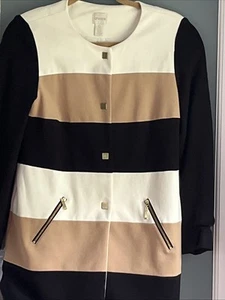 Chico's Black Tan Off White Color Block Statement Snap Topper 0 - Picture 1 of 6