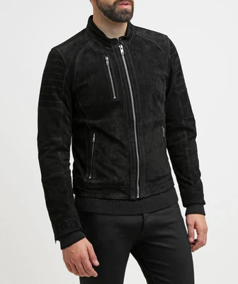 Men's Black Real Suede Leather Jacket Biker Motorcycle Coat  - Image 1 of 4