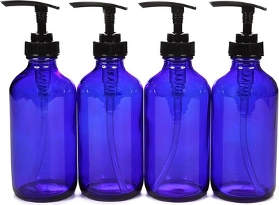 4, Large, 8 Oz, Empty, Cobalt Blue Glass Bottles with Black Lotion Pumps - Image 1 of 4