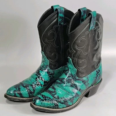 Difícil de Encontrar Botas de Vaquero Abilene Mujer Cuero 6.5 Verde Azulado Negro Piel de Serpiente Puntiaguda Foto 1 de 4