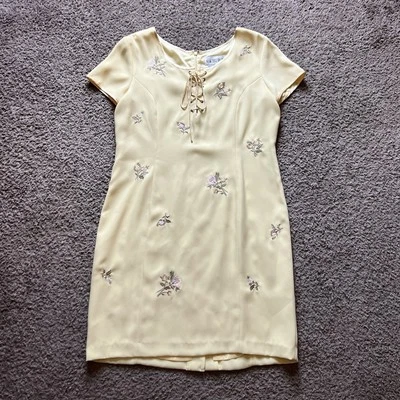 Vestido Vintage Together Talla 12 Amarillo Floral Bordado Manga Corta Midi Años 90 Foto 1 de 4