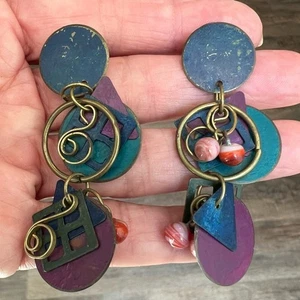 Pendientes colgantes artísticos multicolores vintage años 90 - Imagen 1 de 3