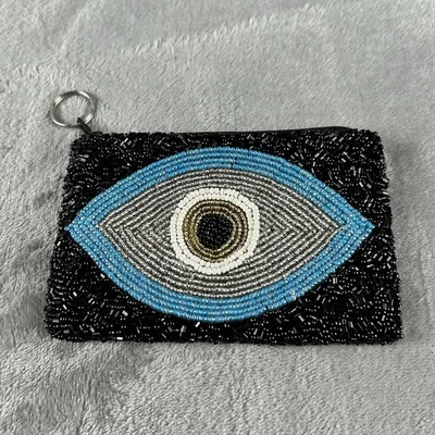 Bolso de cambio de monedero con cremallera y mal de ojo con cuentas Tiana negro y azul pequeño con cremallera Foto 1 de 4