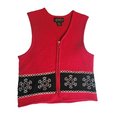 Suéter Chaleco Pequeño Rojo Recorte Copo de Nieve Navidad Abuela De Colección Evento Fiesta Cremallera Foto 1 de 4