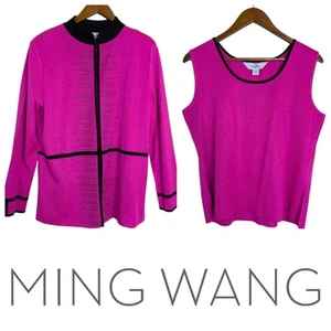 NEW Ming Wang 2 Piece Twin Set Womens Large Hot Pink Black Trim Embellished - Picture 1 of 14