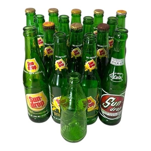 Lot Of 17 Vintage Sun Drop Green Glass Bottles Commemorative Dale Earnhardt Full - Picture 1 of 24