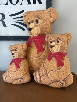 VTG 3 Bears Cranston Print Works Cut & Sew Fabric Stuffed Bears 12.5", 8.5", 6" - Image 1 of 4