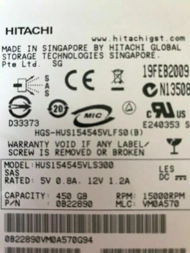 Hitachi Ultrastar 0B22890 450GB 15K RPM SAS 3Gbps 3.5" Hard Drive HUS154545VLFS0 - Image 1 of 1