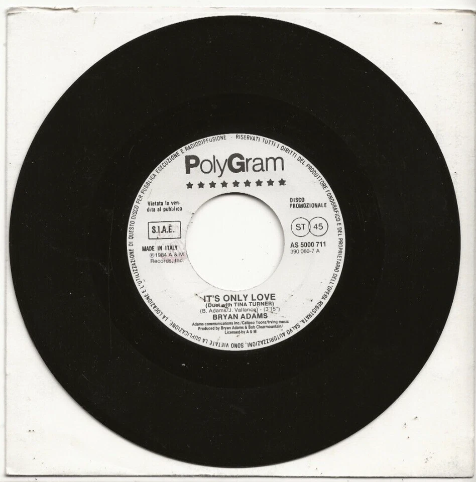 BRYAN ADAMS IT'S ONLY LOVE RARE WHITE LABEL ITALY PROMO SINGLE FROM 1985, MINT - Image 1 of 1