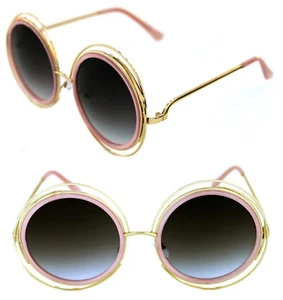 XXL Women's Large Round Boho Halo Coachella Double Rim Sunglasses Gold Pink 70's - Picture 1 of 10