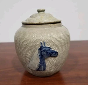 WHITES UTICA Lidded Salt Glaze Jar EMBOSSED BLUE HORSE IMAGE Antique 5" - Picture 1 of 8