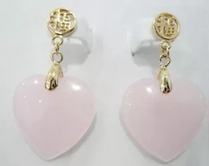 Moda Rosa Jade Amor Corazón 18KGP Placa de Oro Fortuna Pendientes Colgantes Tachuelas Mujeres - Imagen 1 de 3
