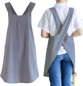 NEWGEM Japanese Linen Cross Back Kitchen Cooking Aprons for Women with Pockets C - Picture 1 of 12