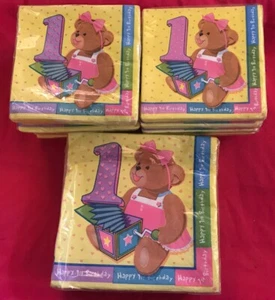 Pink Teddy Bear Girl's Happy 1st Birthday Party 13” & 10” 2ply Paper Napkins LOT - Picture 1 of 3