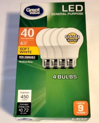 Great Value LED Light Bulb Medium Base Soft White Non Dimmable 6/40 Watt 4 pk - Image 1 of 4