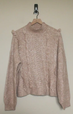 Ann Taylor LOFT Sweater Large 14 16 Fringe Cable Knit Mock Heather Tan Rust Boho - Image 1 of 3