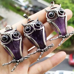 Natural Gemstone Owl Shape Pendant Chakra Crystal Bead Charm Amulet Healing - Picture 1 of 18