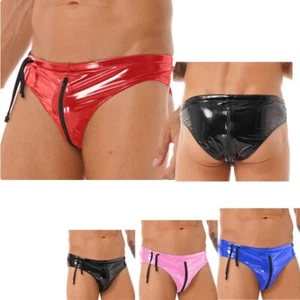 Men's Openable Crotch Underwear Low Rise Shiny Panties PVC Leather Bikini Briefs - Picture 1 of 59