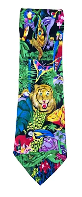 Corbata colorida para hombre con estampado de selva de safari 100 % seda hecha a mano por Addiction, usada en excelente estado Foto 1 de 4